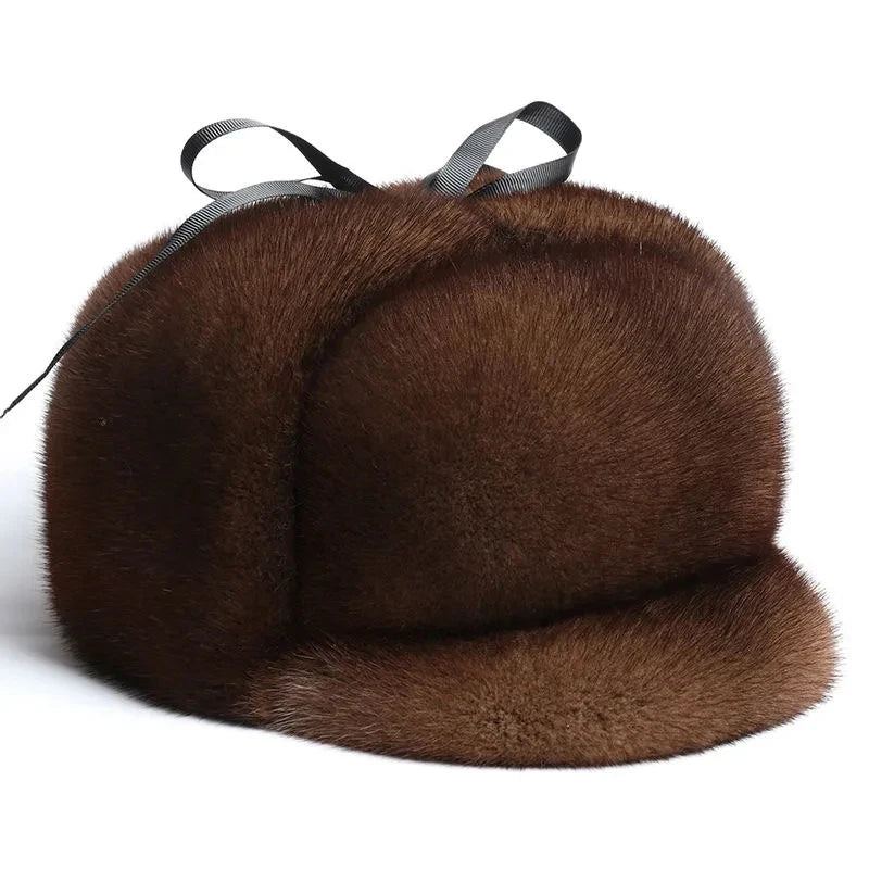 2025 INVIERNO UNISEX TOP REAL MINK FUR BOMBER HAT MASCULINO AUTÉNTICO MARTA CABEZA CÁLIDO NEGRO/MARRÓN GORRAS MEJOR REGALO PARA PADRES GORRAS